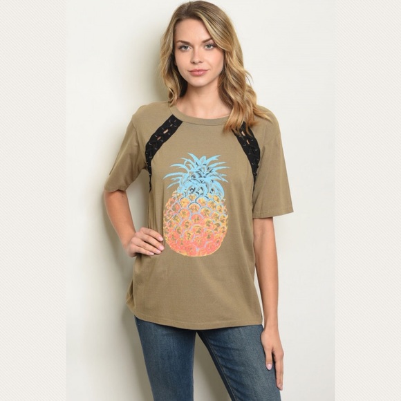 Small Pineapple Olive Lace Up Top Shirt Blouse - Picture 2 of 3